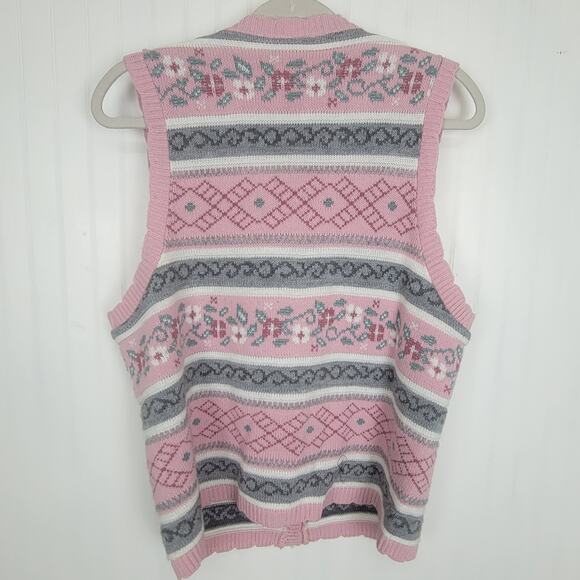 VTG Pink Fair Isle Floral Button Sweater Vest Size Medium - Picture 5 of 5